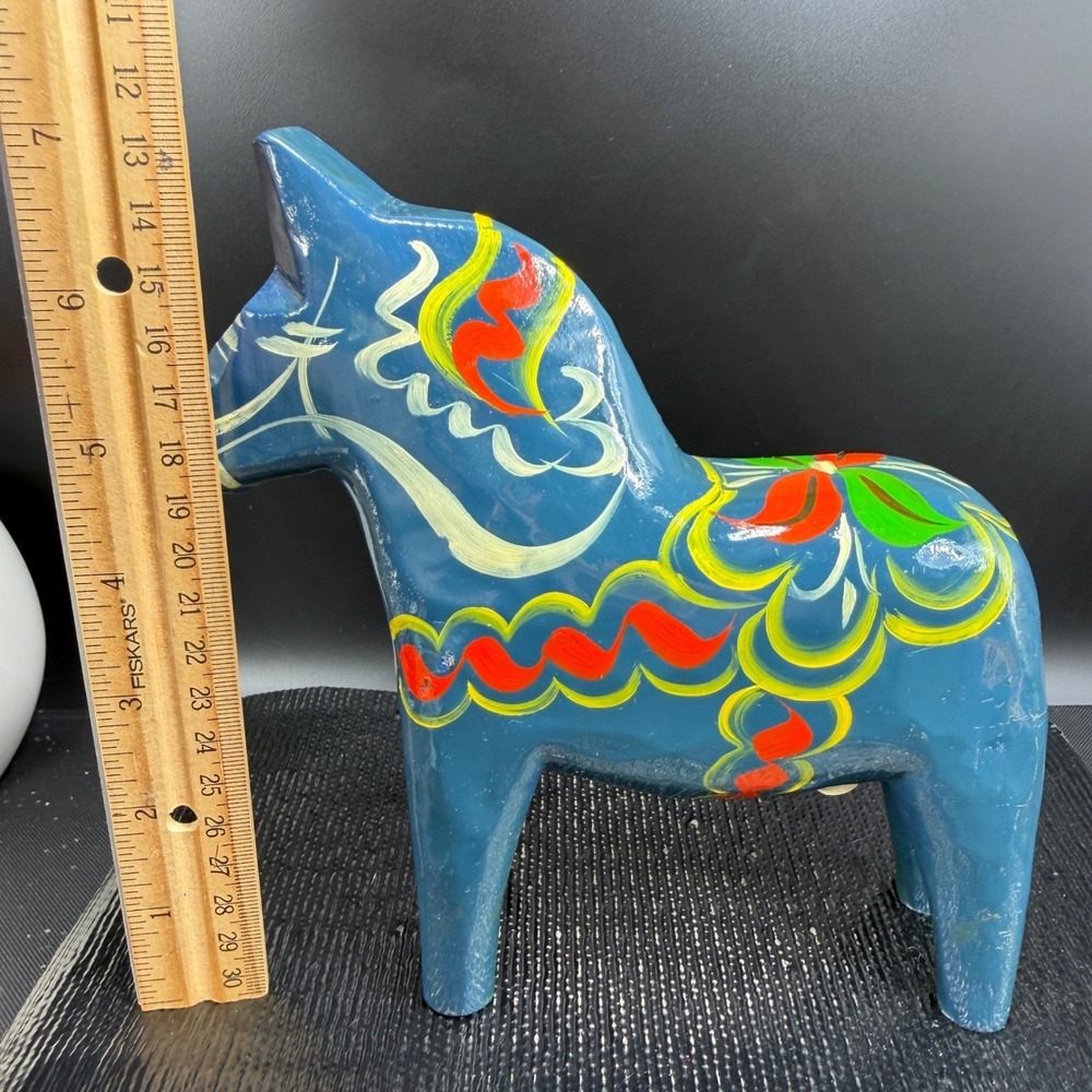 Vintage Akta Dalahemslojd Swedish Dala Horse Blue Hand Painted Wood Folk Art 7" - Picture 2 of 15